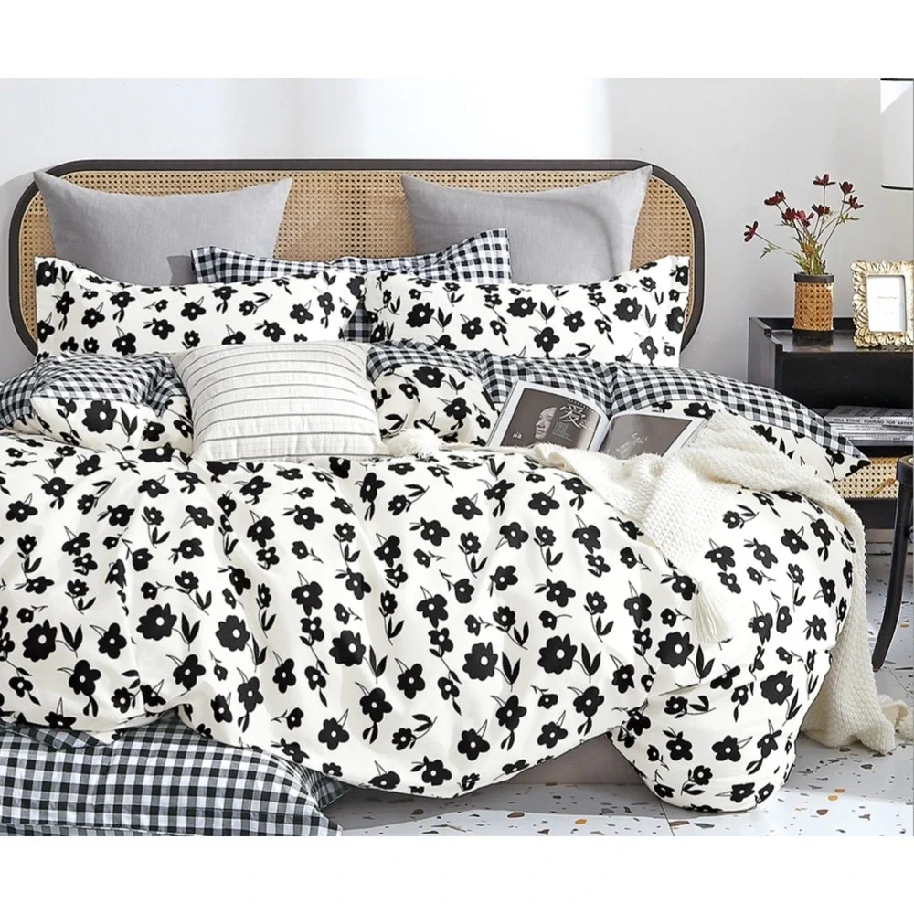 Hepburn Black/White Floral 100% Cotton Reversible Comforter Set Twin Farmhouse‎